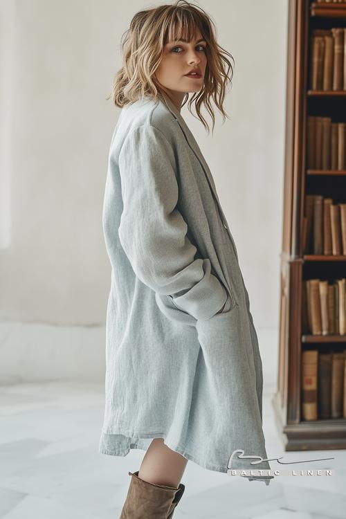 Stylish eco-friendly linen coat in Granada's Plaza Nueva setting
